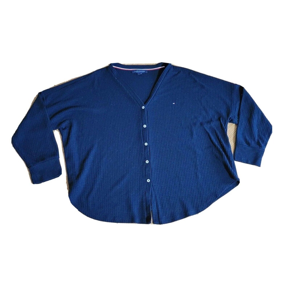 Tommy Hilfiger Cardigan Sweater Womens XXL Navy Blue Waffle Knit Thermal Button